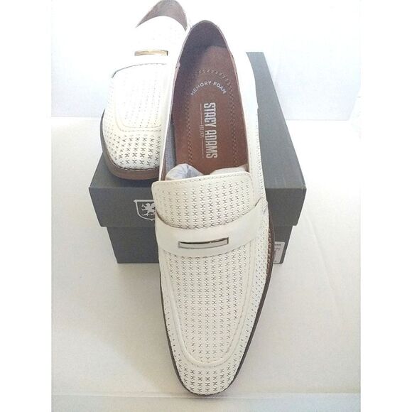 New! STACY ADAMS Belvan Leather Moc Toe Men's Shoes Slip-on White Size 7.5 - Picture 7 of 8